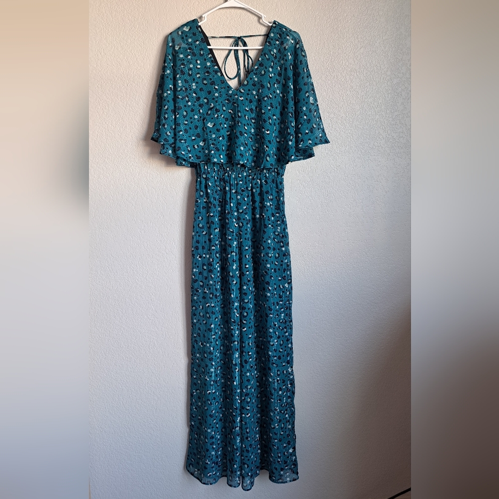 NWT. Three Eighty Two Blue Metallic Leapord Print Jumpsuit Size Small